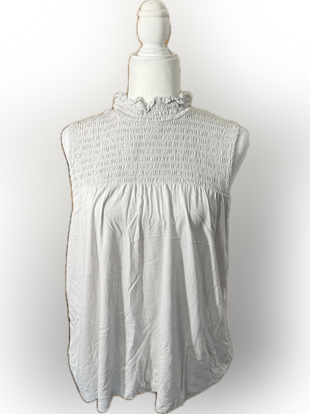 Banana Republic Off White Smocked Ruffle Mock Neck Tank